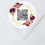 Burgundy florals gold geometric QR code wedding Classic Round Sticker<br><div class="desc">Decorated with watercolored roses in burgundy and pink.  Elegant white background. A faux gold geometric frame. Add your url for your wedding website.</div>