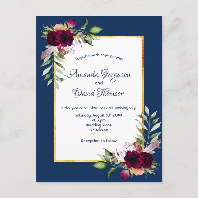Burgundy florals gold greenery boho blue wedding postcard (Front)