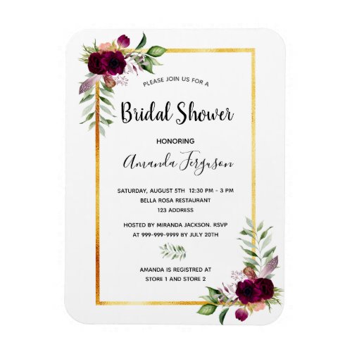 Burgundy florals gold greenery boho bridal shower magnet