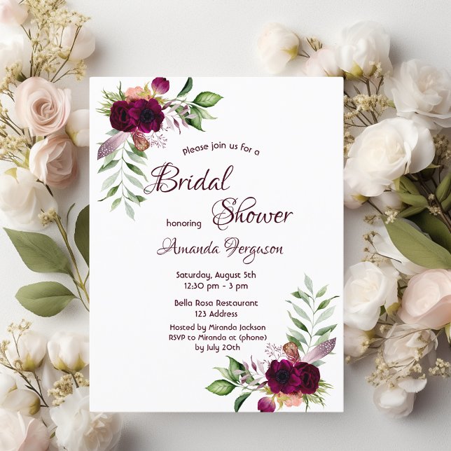 Burgundy florals gold greenery boho bridal shower postcard (Creator Uploaded)
