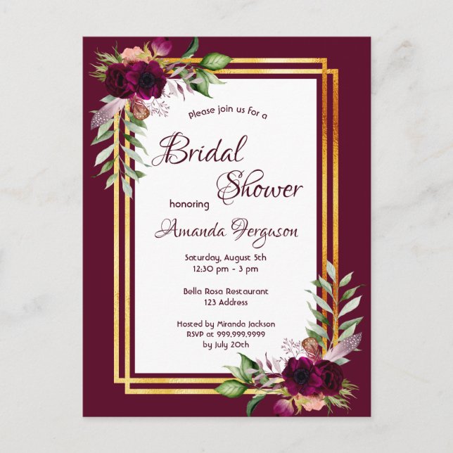 Burgundy florals gold greenery boho bridal shower postcard (Front)