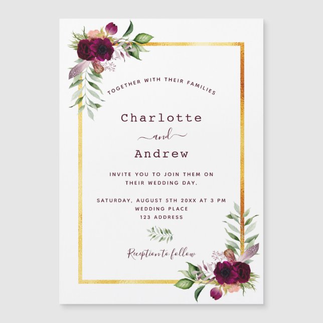 Burgundy florals gold greenery boho wedding (Front)