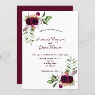 Burgundy florals gold greenery boho wedding invitation