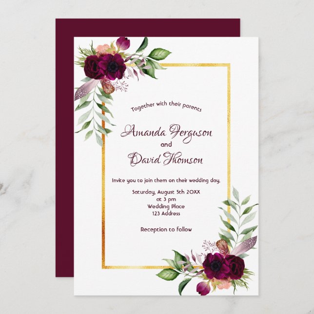 Burgundy florals gold greenery boho wedding invitation (Front/Back)
