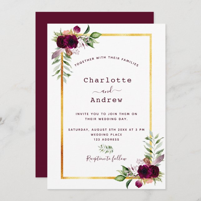 Burgundy florals gold greenery boho wedding invitation (Front/Back)