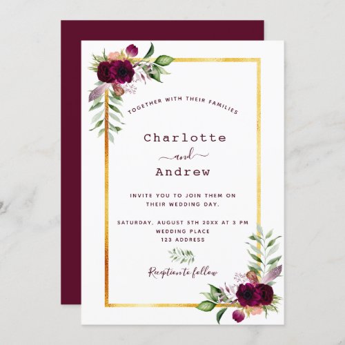 Burgundy florals gold greenery boho wedding invitation