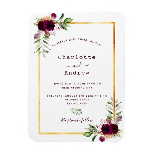 Burgundy florals gold greenery boho wedding magnet