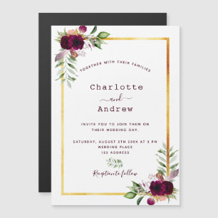 Burgundy florals gold greenery boho wedding magnetic invitation