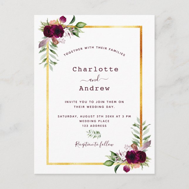 Burgundy florals gold greenery boho wedding postcard (Front)