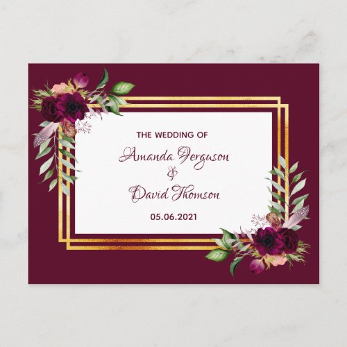 Burgundy florals gold wedding reception details postcard