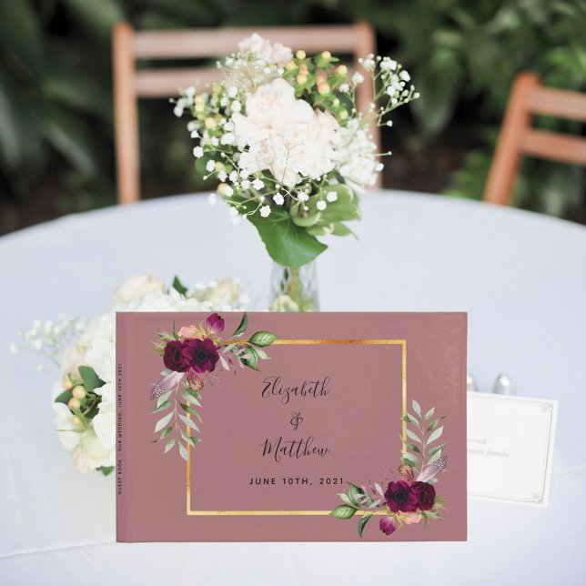 Burgundy florals greenery cinnamon rose wedding guest book (Creator Uploaded)