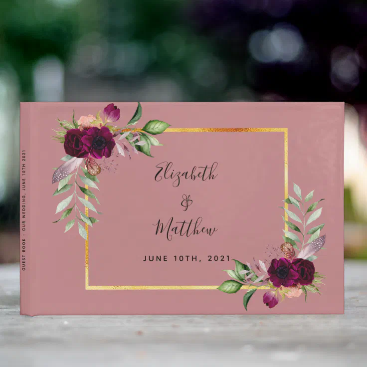 Burgundy florals greenery dusty rose wedding guest book | Zazzle