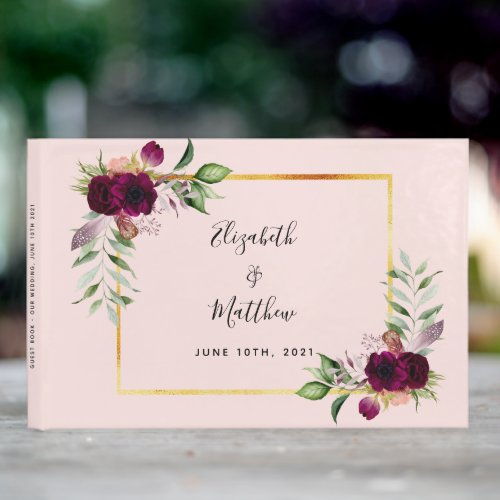 Burgundy florals greenery rose gold pink wedding guest book