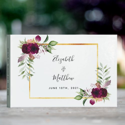 Burgundy florals greenery sage green wedding guest book