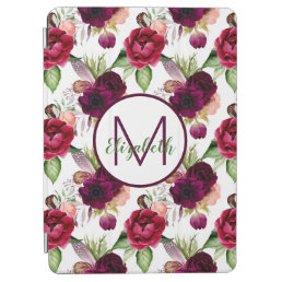 Burgundy florals name monogram iPad air cover