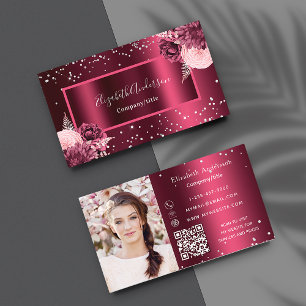 Burgundy florals photo QR code Business Card