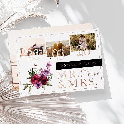 Burgundy Florals Photo Wedding Mr and Mrs Rose Foil Invitation