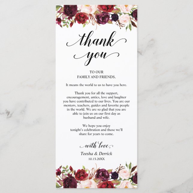 Burgundy Florals, Place Setting Thank You Card (Front)