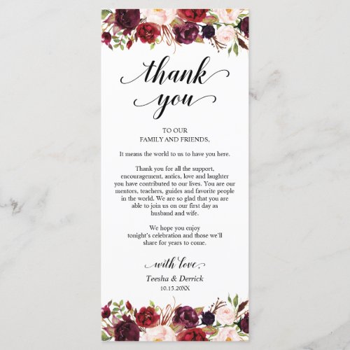 Burgundy Florals Place Setting Thank You Card