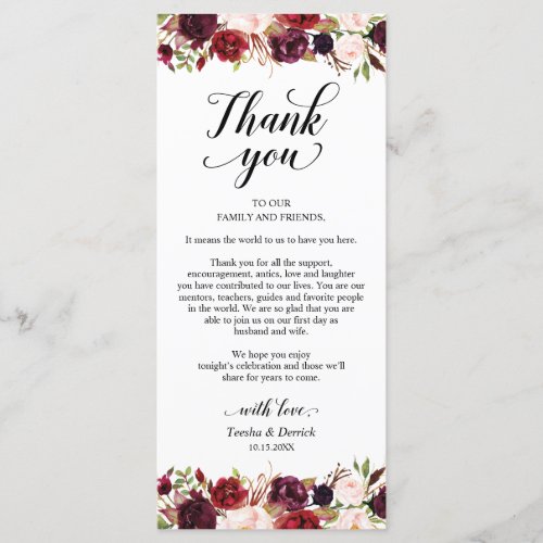 Burgundy Florals Place Setting Thank You Card