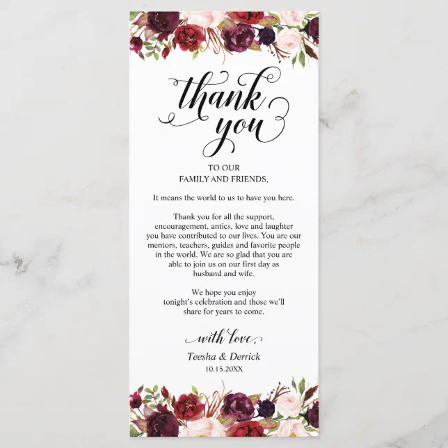 Burgundy Florals, Place Setting Thank You Card | Zazzle