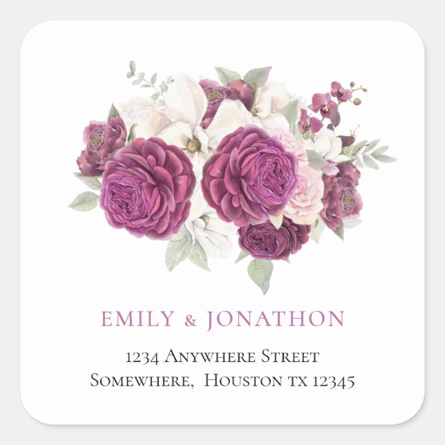 Burgundy Florals Return Name Address Wedding Square Sticker (Front)