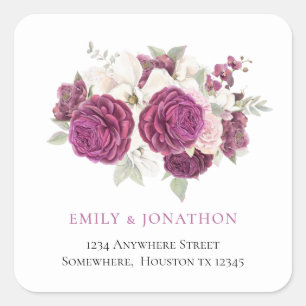 Burgundy Florals Return Name Address Wedding Square Sticker