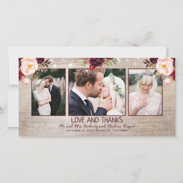 Burgundy Florals Rustic Country Wedding Thank You Card (Front)