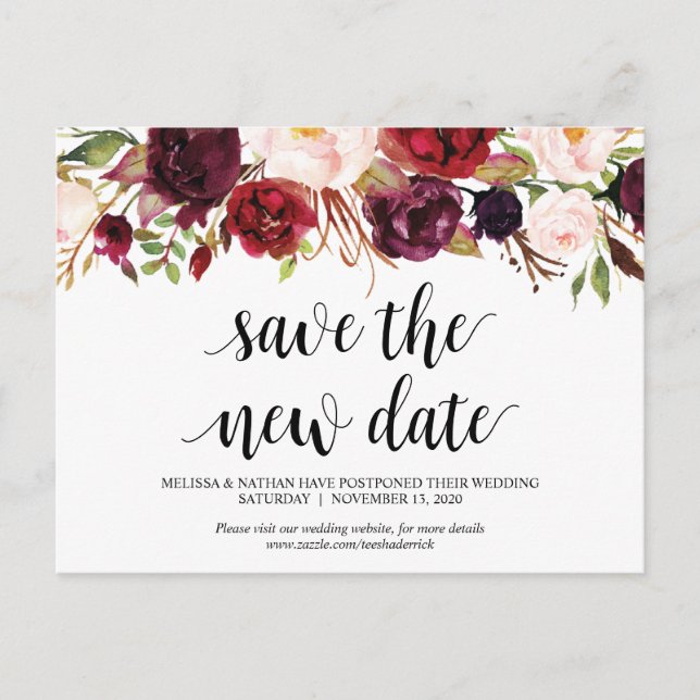 Burgundy Florals, Save the new date, Wed Postponed Postcard (Front)