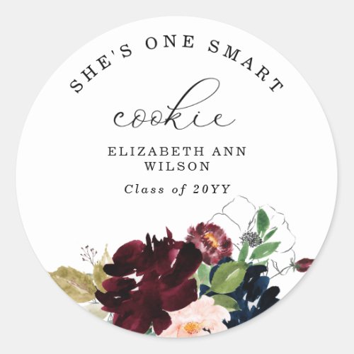 Burgundy Florals Shes One Smart Cookie Graduation Classic Round Sticker