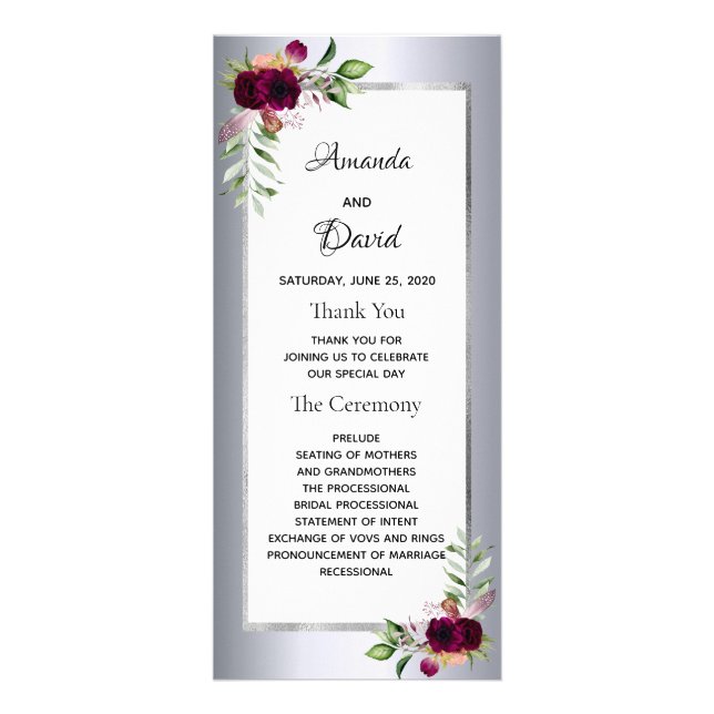 Burgundy florals silver wedding program (Front)