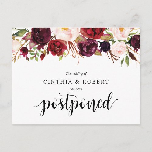 Burgundy Florals Wedding Elopement Postponed Postcard