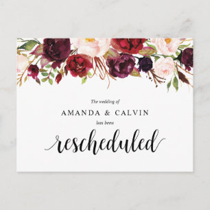 Burgundy Florals Wedding Elopement Rescheduled Postcard