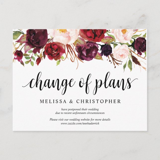 Burgundy Florals, Wedding Invitation Postponed Postcard (Front)