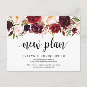Burgundy Florals, Wedding new plan Postponed Postcard