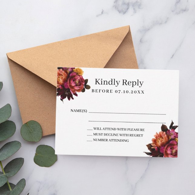 Burgundy florals wedding response RSVP Note Card (Creator Uploaded)