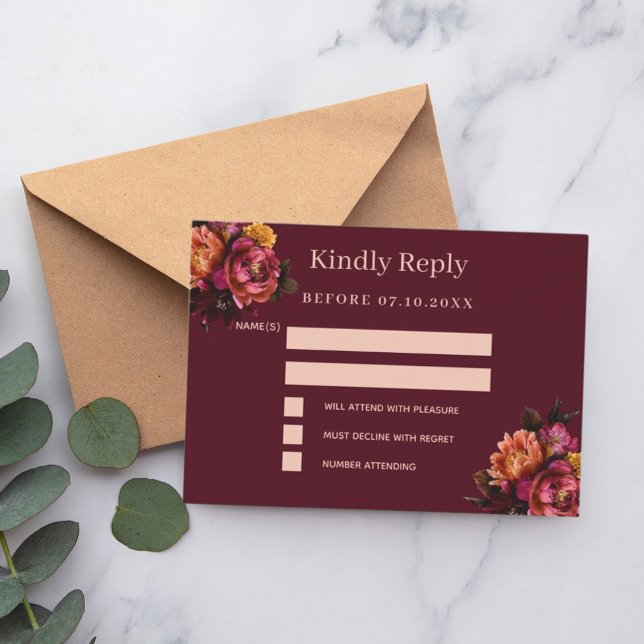 Burgundy florals wedding response RSVP Note Card (Creator Uploaded)