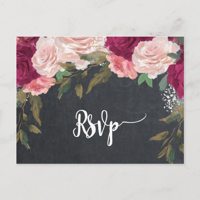 burgundy florals wedding rsvp postcard (Front)