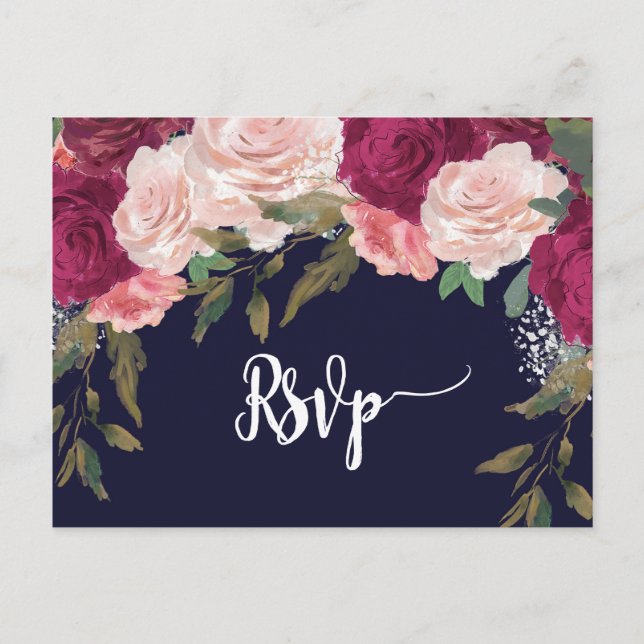 burgundy florals wedding rsvp postcard navy (Front)