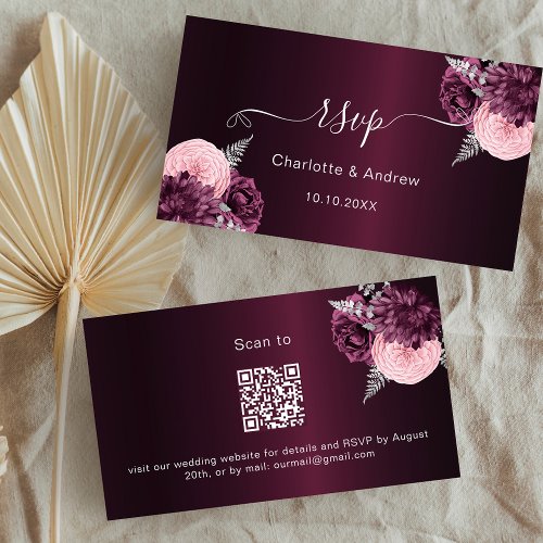 Burgundy florals wedding website RSVP QR code Enclosure Card