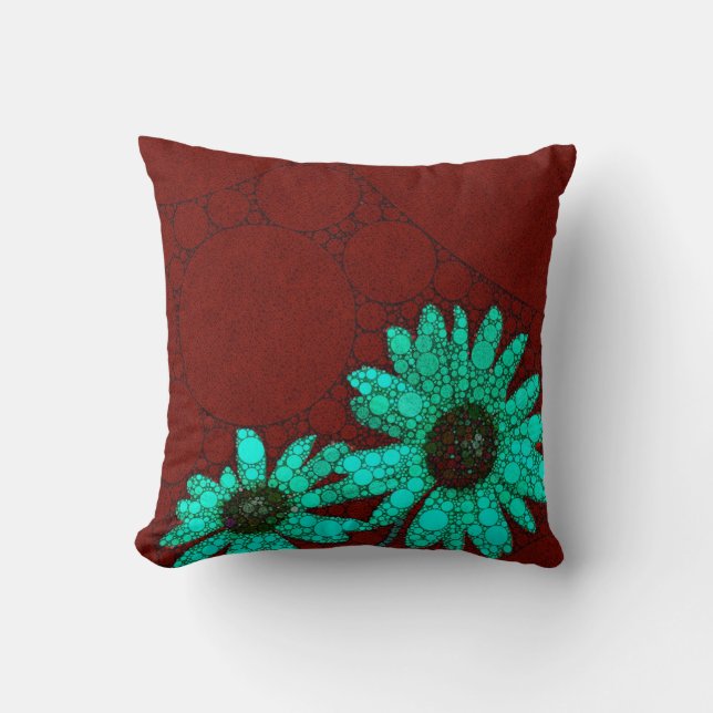 Burgundy Florescent Turquoise Flowers Throw Pillow (Front)