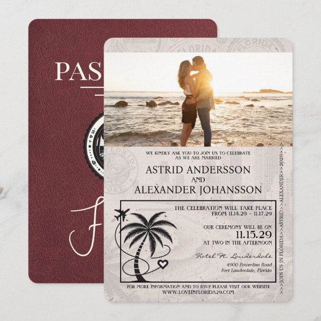 Burgundy Florida Passport Wedding Invitation (Front/Back)