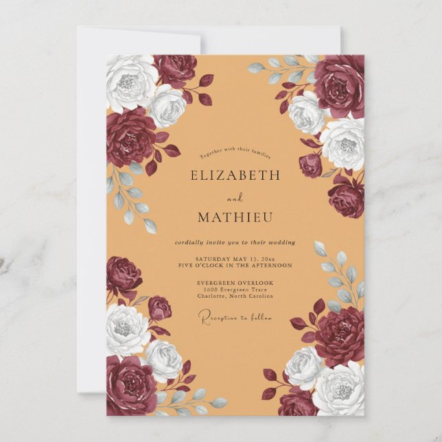 Burgundy Flourishing Bloom Wedding Invitation (Front)