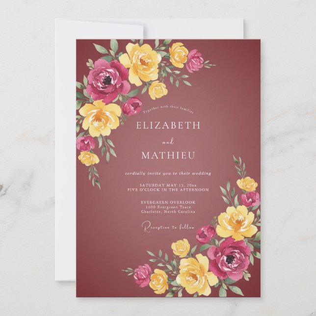 Burgundy Flourishing Botanical Wedding Invitation (Front)