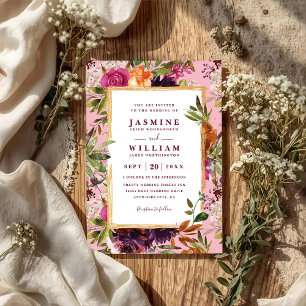 Burgundy Flower Boho Rustic QR Code Wedding Invitation