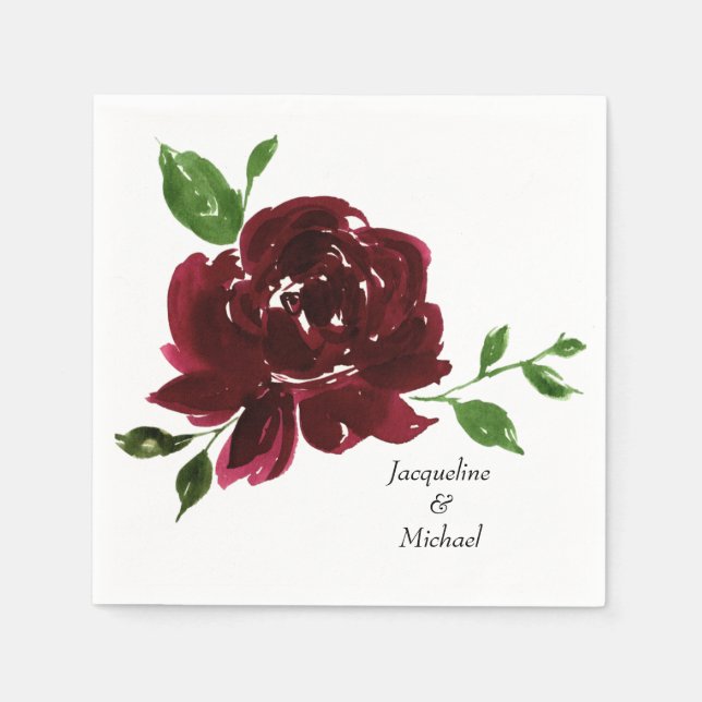 Burgundy Flower Custom Couple Names Wedding  Napkins (Front)