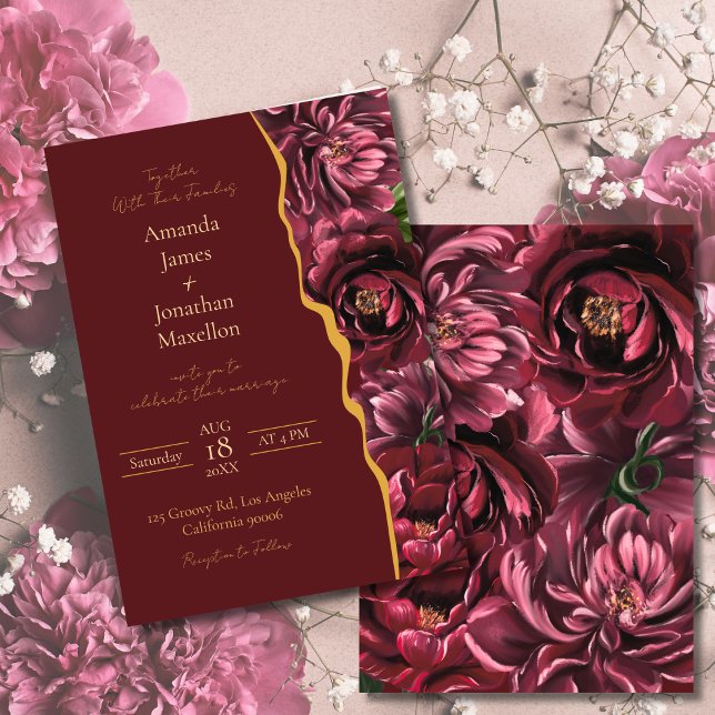 Burgundy Flower Elegance with Gold Accents Wedding Invitation (Creator Uploaded)