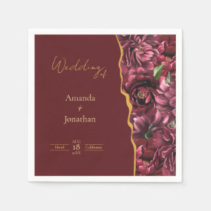 Burgundy Flower Elegance with Gold Accents Wedding Napkins