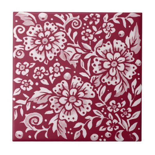 Burgundy Flower Floral Leaf Woodland Pattern Ceramic Tile