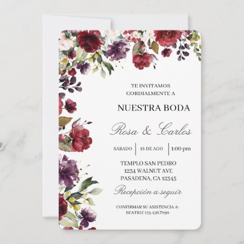 Burgundy flower frame Spanish Wedding Invitation
